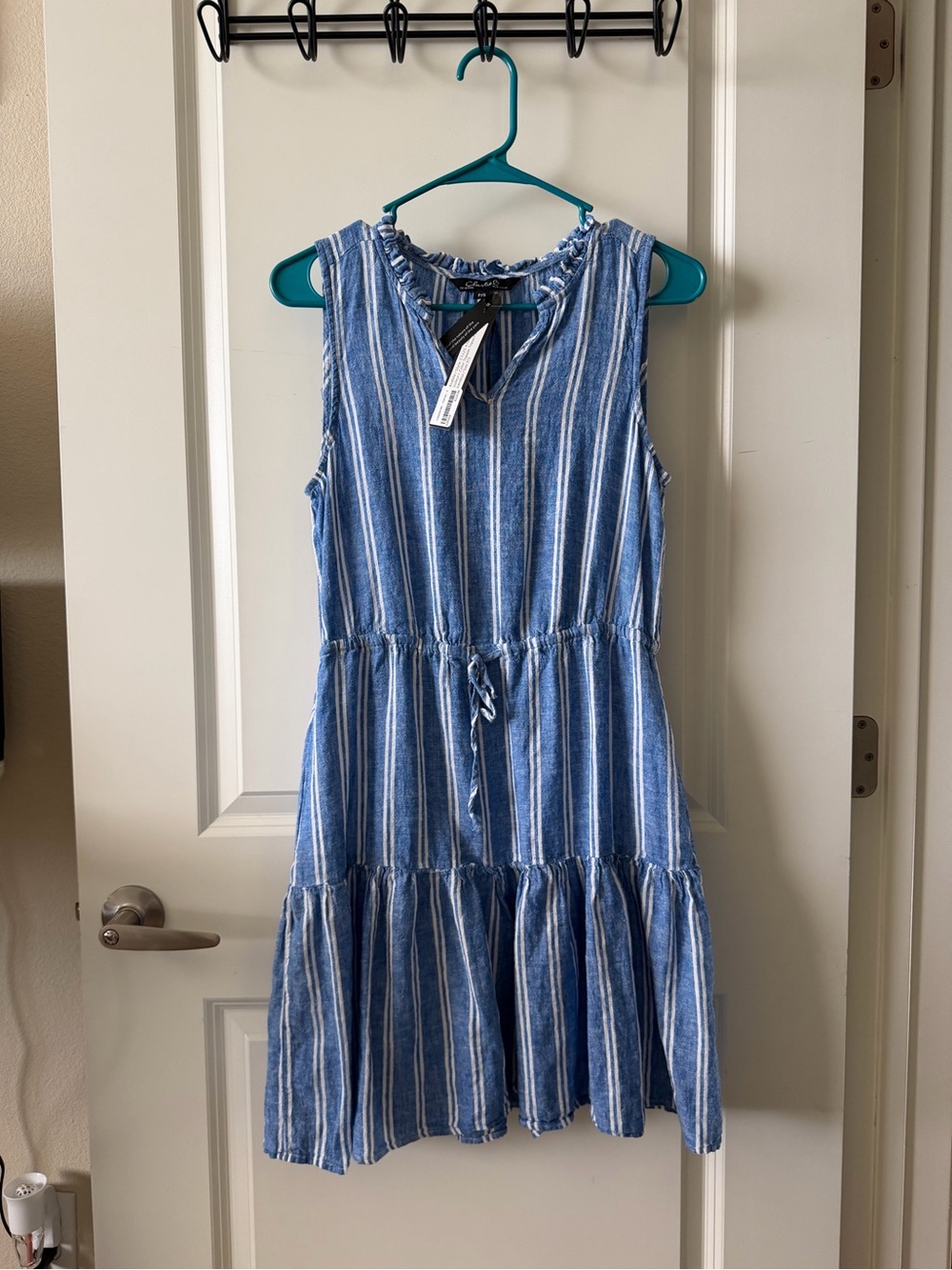 CHARLIE B Blue and White Striped Sleeveless Tiered Dress